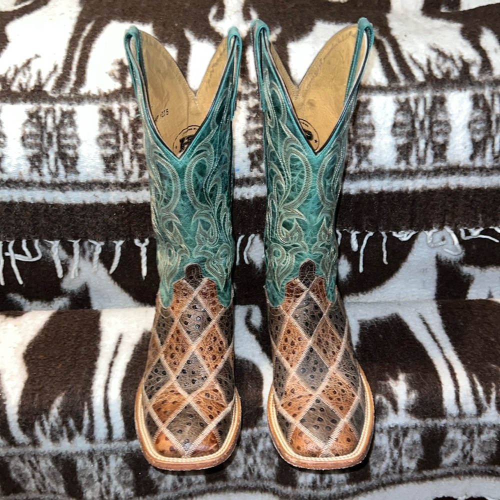 Horse Power by Anderson Bean Mens Green Leather boots turquoise / patch work